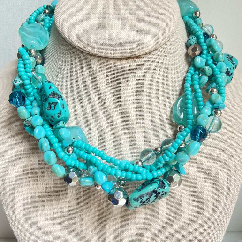 Faux turquoise chunks twisted torsade multi strand aqua necklace in acrylic